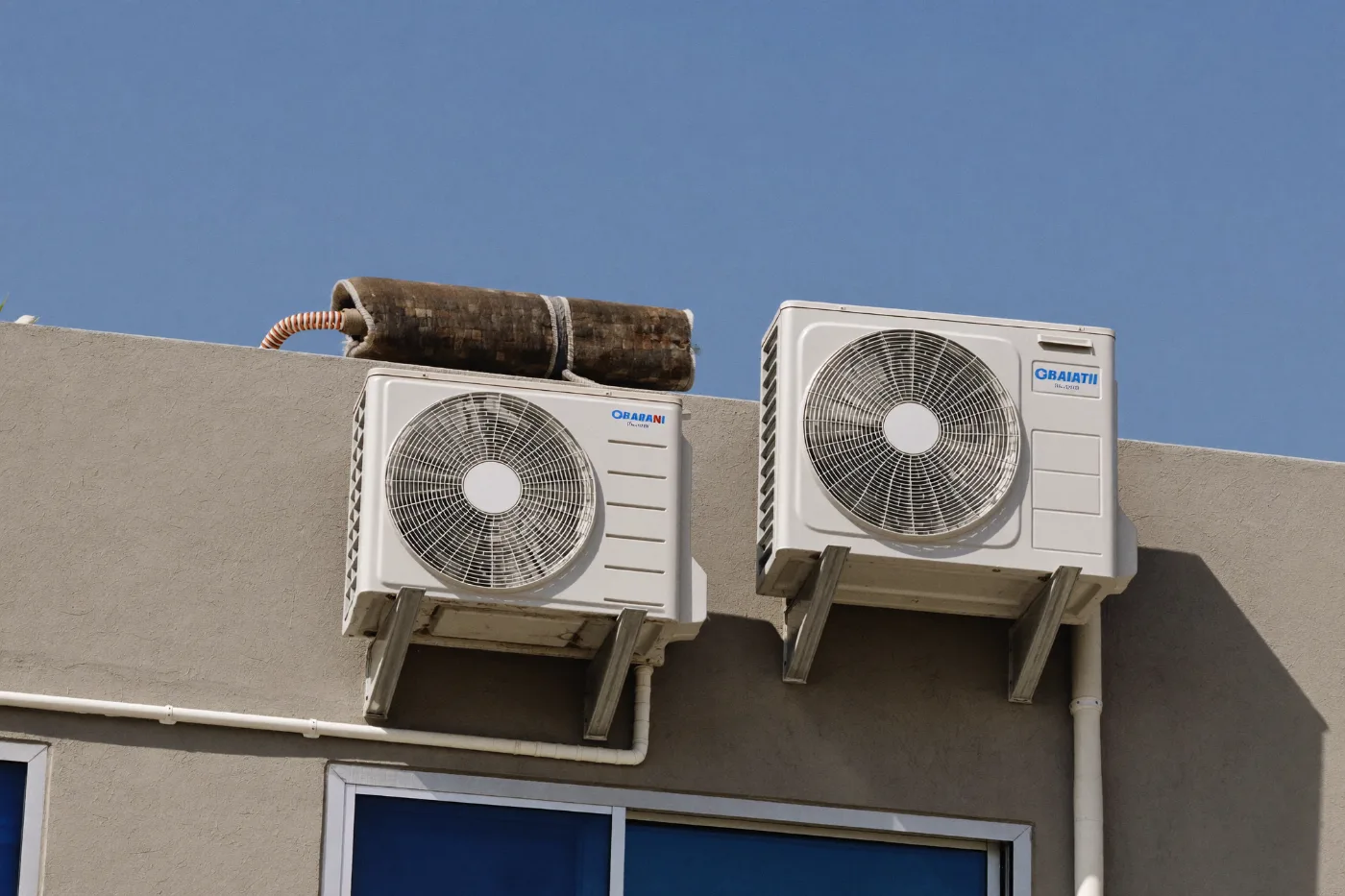 Neatly installed AC condenser units and insulated refrigerant lines on a villa roof