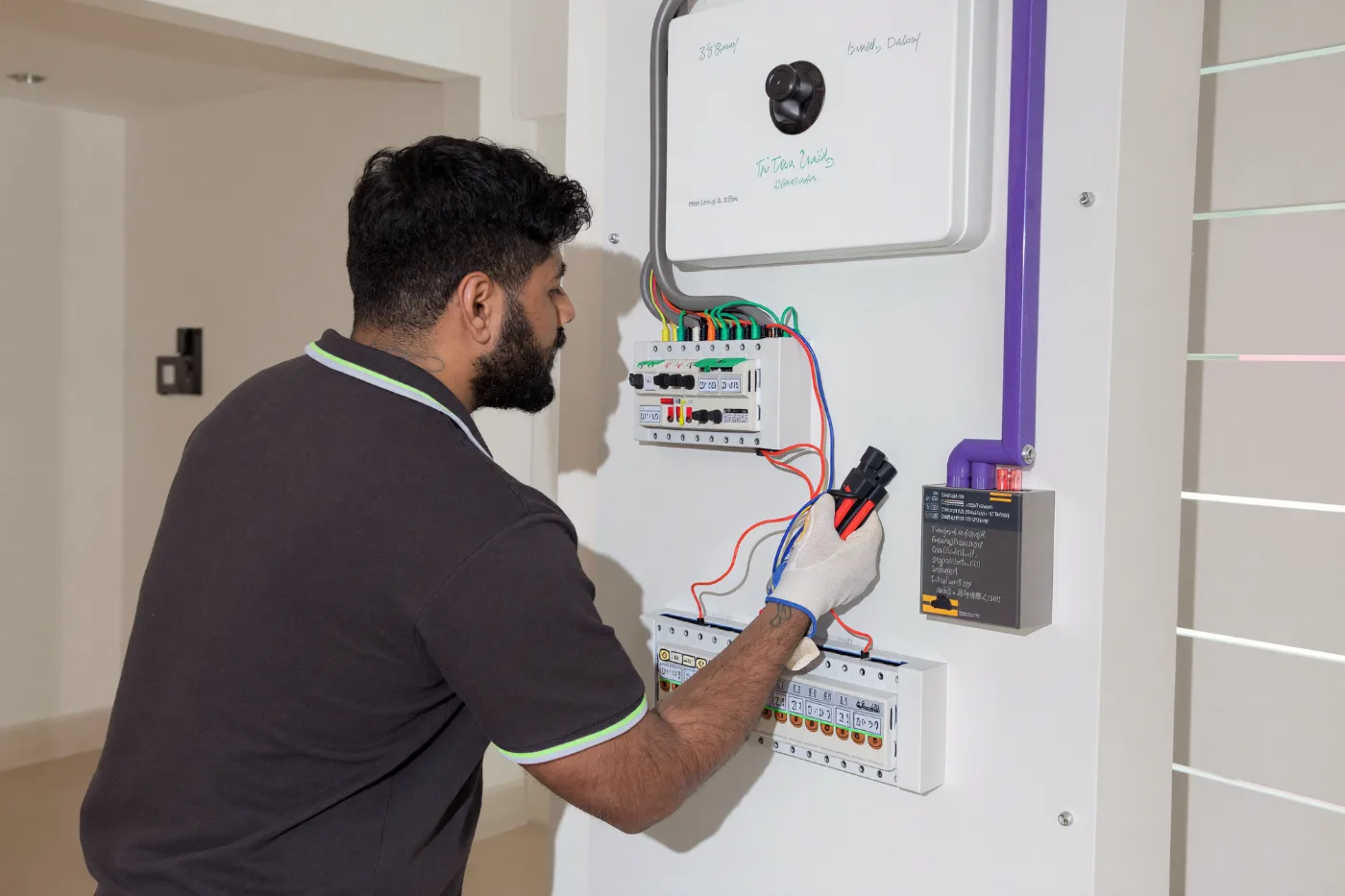 Electrician working inside a modern villa consumer unit with labelled breakers