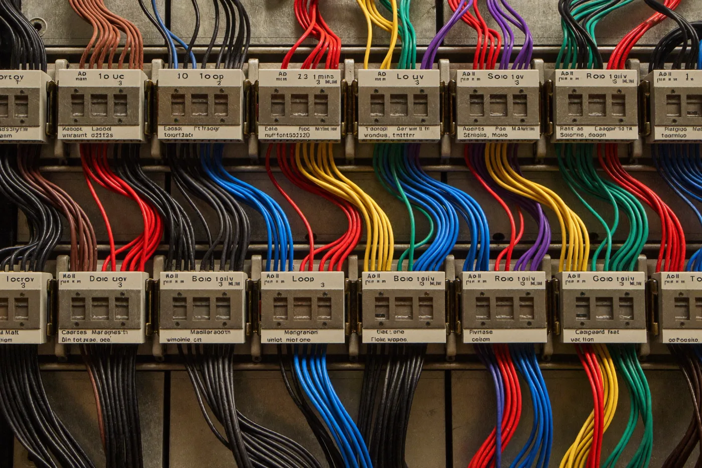 Colour coded cables combed into neat parallel runs in a distribution board