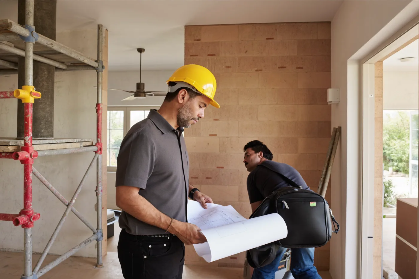 Site supervisor and worker reviewing construction drawings at a villa renovation