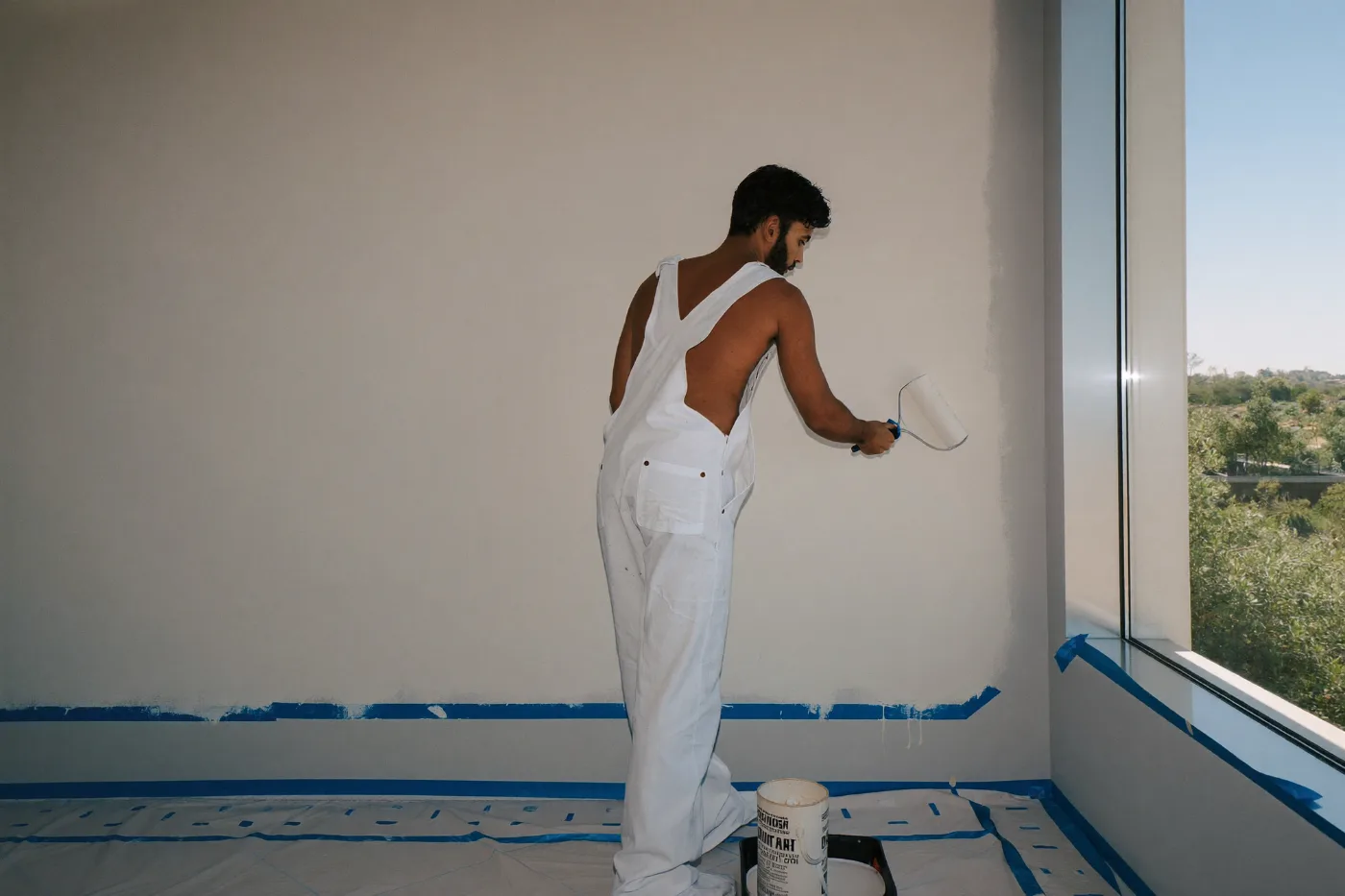 Painter applying fresh paint with a roller, skirting masked and floors sheeted
