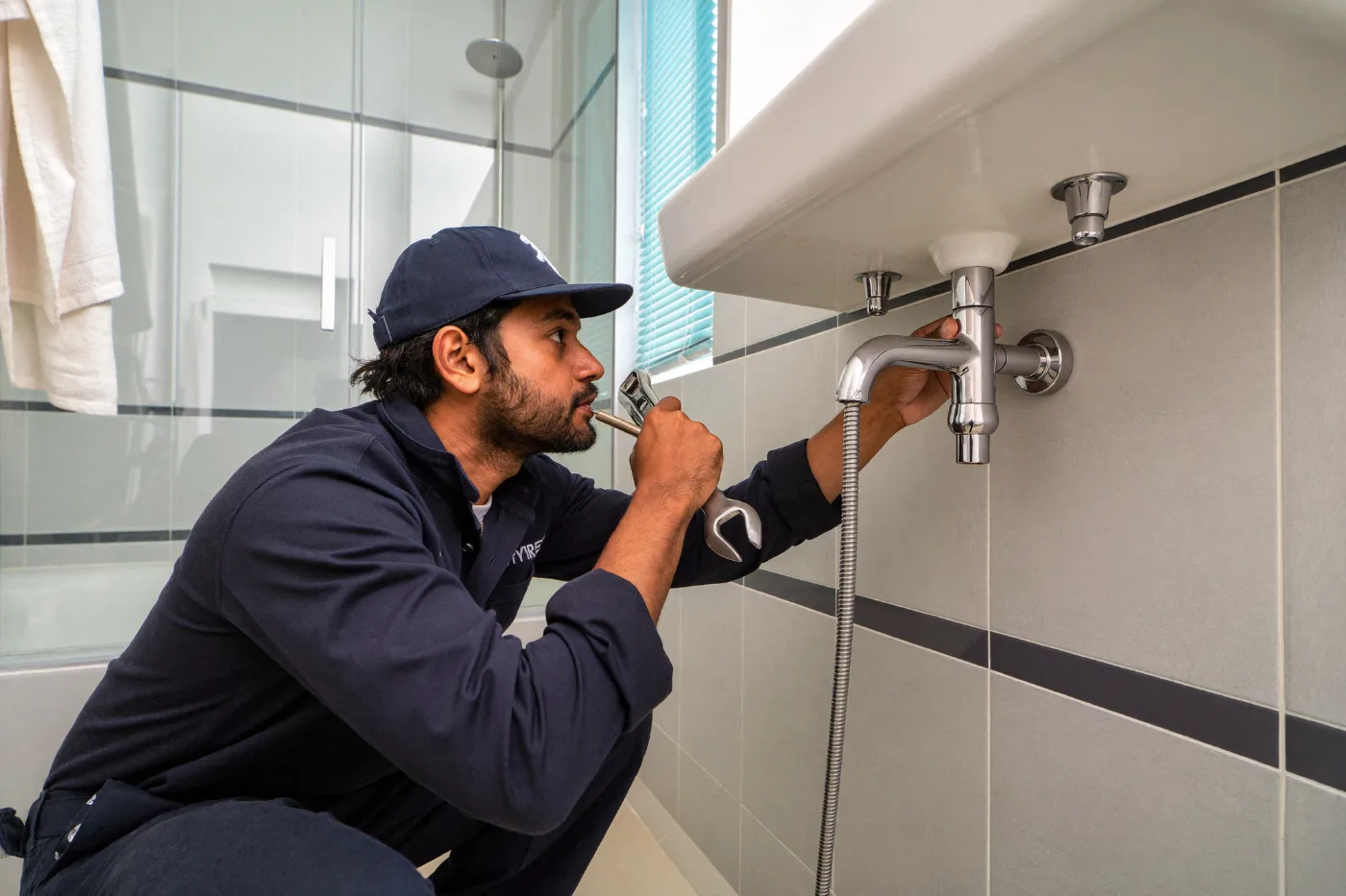 Plumber tightening the connection on a bathroom mixer tap with a wrench