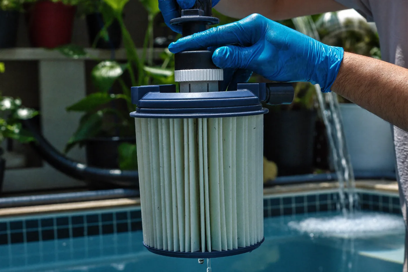 Pleated pool filter cartridge being lifted from its housing for servicing