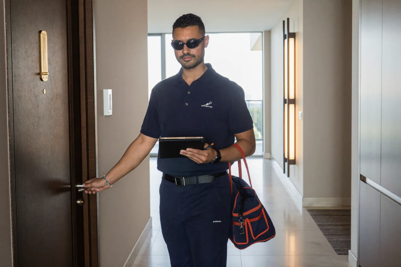 Technician checking door hardware during a scheduled villa maintenance visit